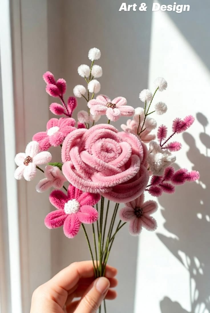 Flores coloridas en hilo chenilla hechas a mano