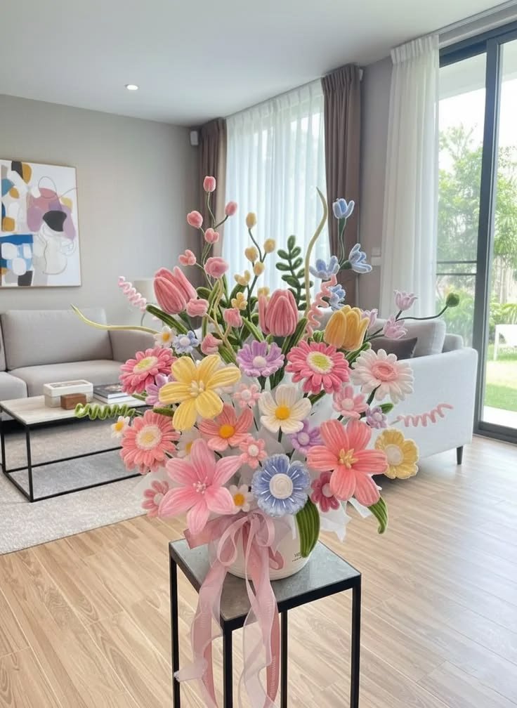 Ramo de flores en hilo chenilla, estilo decorativo de lujo
