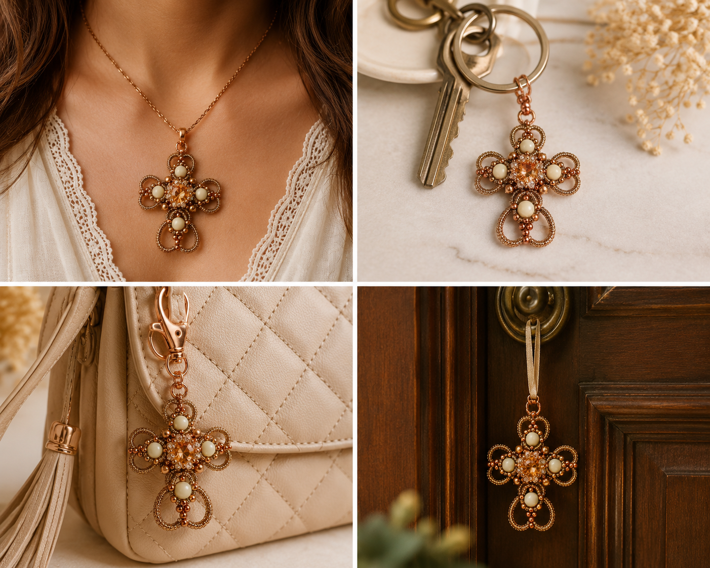 Pendentif en forme de croix en frivolité avec cristal central et perles cuivre et dorées