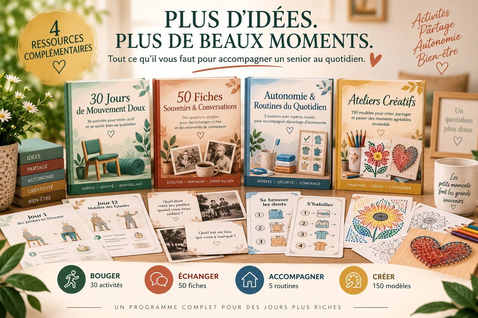 Programme complet — 30 Jours de Mouvement Doux, 50 Fiches Souvenirs & Conversations, Autonomie & Routines du Quotidien, Ateliers Créatifs